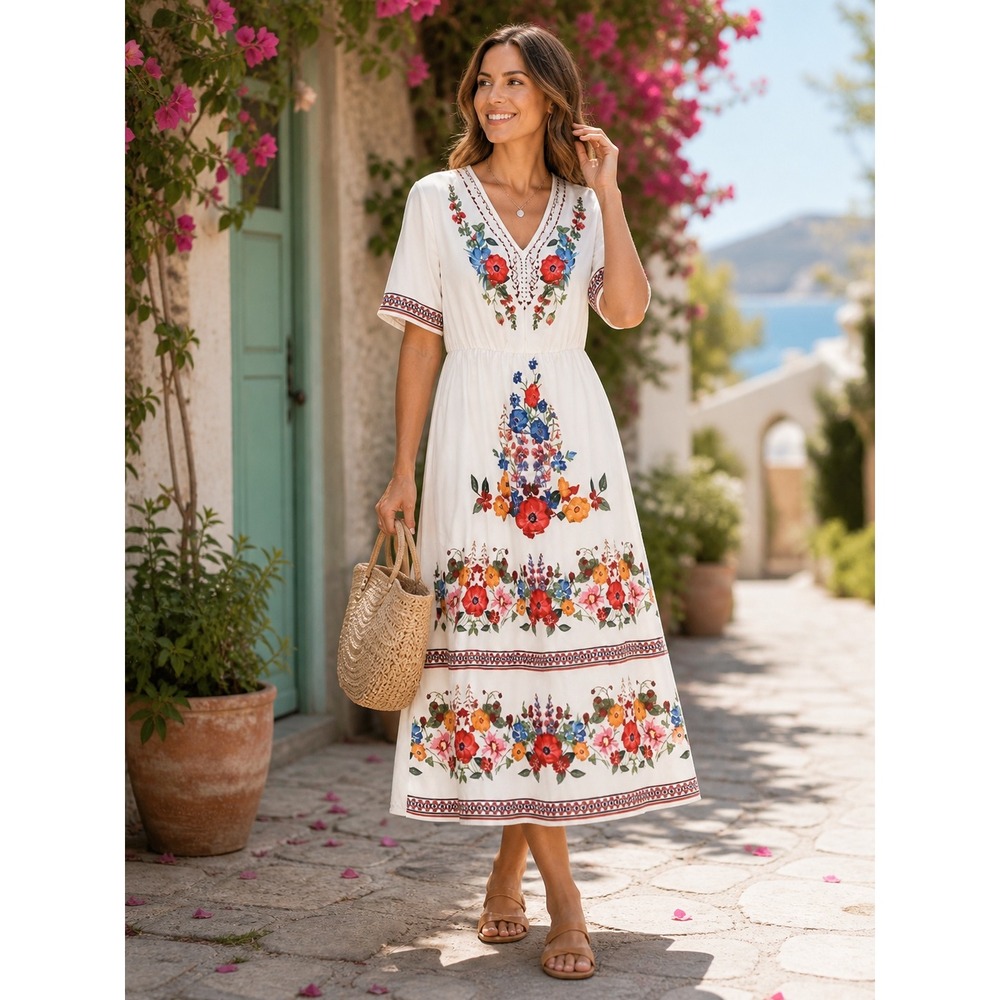 Emery‎ Rose Boho Dress Women's Small White Floral Short Sleeve A-Line V-Neck NWT